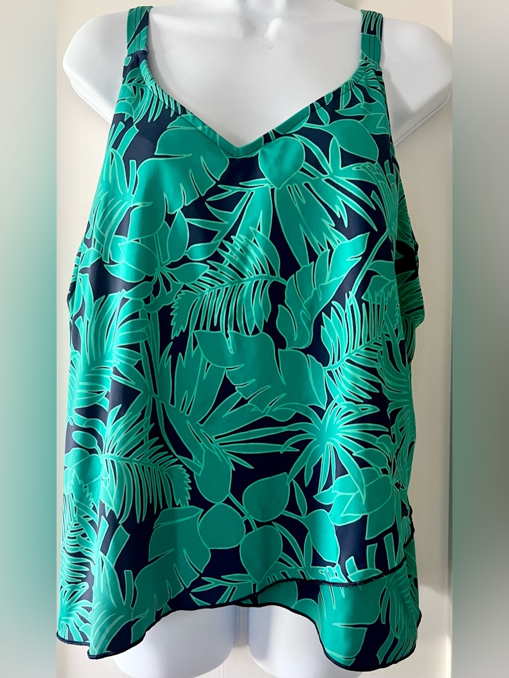 Land's End Tankini Plus 16W - 18W 1X Swim Top Flutter Palm Tropical Green Navy